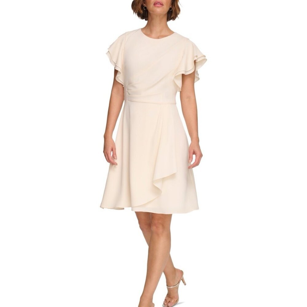 Dkny Women's Size 10 Ivory Flutter-Sleeve Lined Crepe Round Neck Ruched Dress